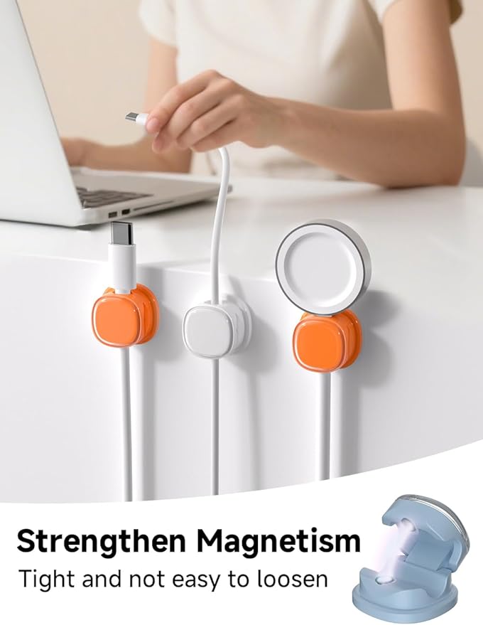 Magnetic Cable Clips, Adjustable Cord Holder Management, Adhesive Wire Keeper Organizer for Home Office Desk Phone PC Car Wall Desktop Nightstand Appliance (9-PCS White_Orange_Blue)