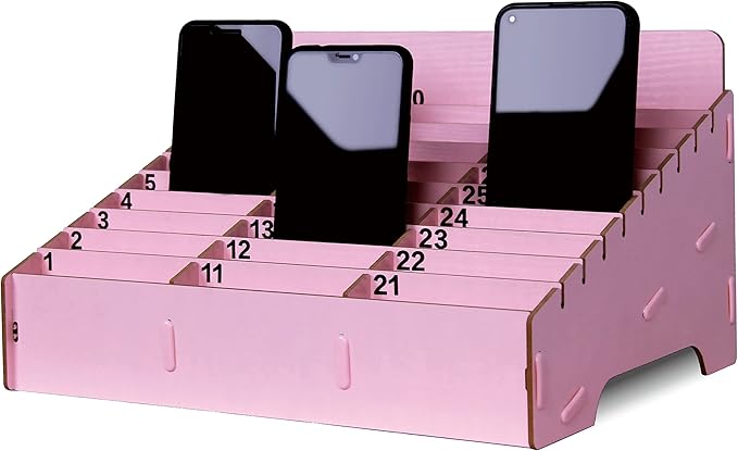 OFCAD 30-Grid Cell Phone Holder with Number Stickers Desktop Organizer Storage Box for Classroom Office(Pink)