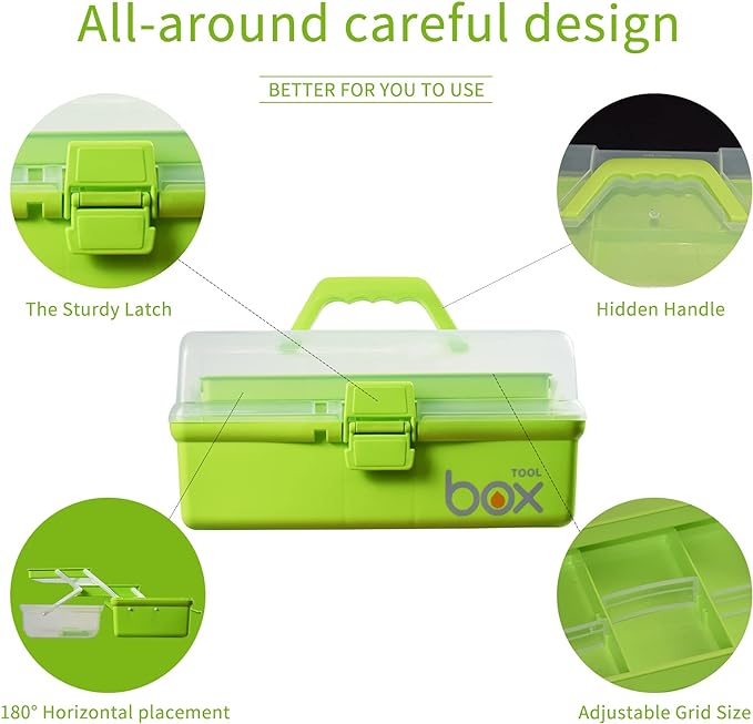 12in 3-Layer Plastic Craft Organizers and Storage, Portable Folding Tackle Box with Handle & Adjustable Dividers, Multipurpose Case for Sewing, Art Supplies, Medicine, Tools (Green)