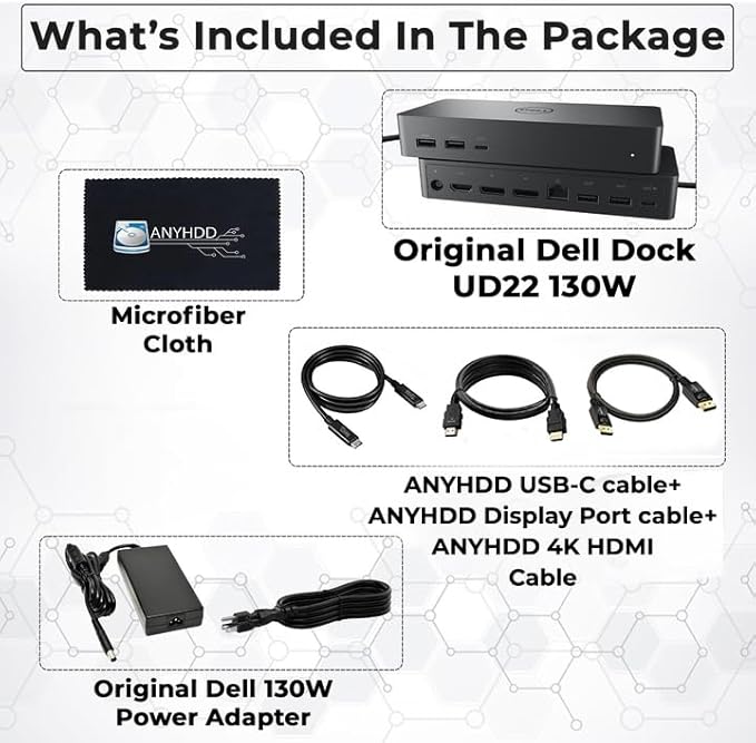 UD22 Dell Docking Station Dual Monitor Bundle - USB-C/USB-A Universal Dell Dock for Laptops Comes with 130W Adapter + ANYHDD HDMI, DisplayPort, USB-C Cables & Cloth - Supports Dual/Triple/4 Monitors