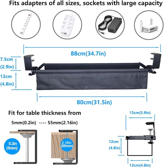 Under Desk Cable Management Tray, 31.5" Cord Organizer for Desk, No Drill,Clamp Mount Fabric Cable Management Tray for Office, Home(Black)