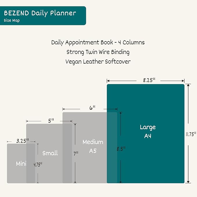 BEZEND Daily Appointment Book 2026 Page per Day Even Weekends (Large-8.25" x 11.75") 15-Minute Timeslots in 4 Columns, Monthly Planner with Tabs & Week Schedule, PU Leather Softcover in Blueberry