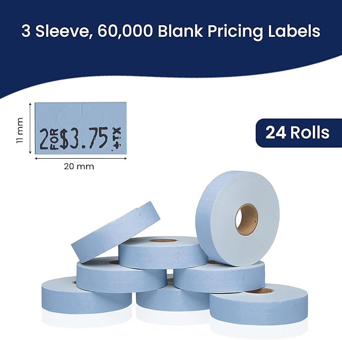 Blue Pricing Labels for Monarch 1131 Price Gun – 3 Sleeves, 24 Rolls Value Pack - 60,000 Price Marking Labels – with Ink Rolls Included