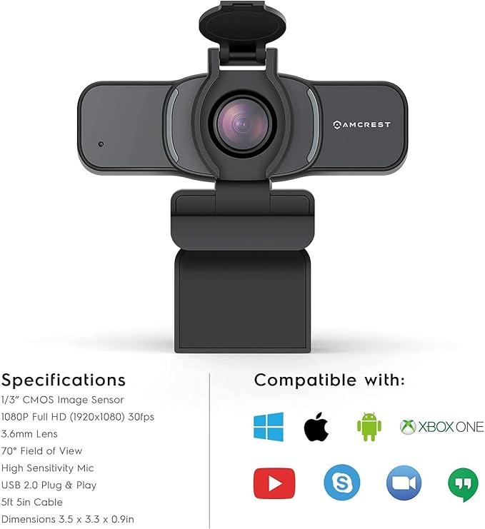 Amcrest 1080P Webcam with Microphone & Privacy Cover, Web Cam USB Camera, Computer HD Streaming Webcam for PC Desktop & Laptop w/Mic, Wide Angle Lens & Large Sensor for Superior Low Light (AWC201-B)