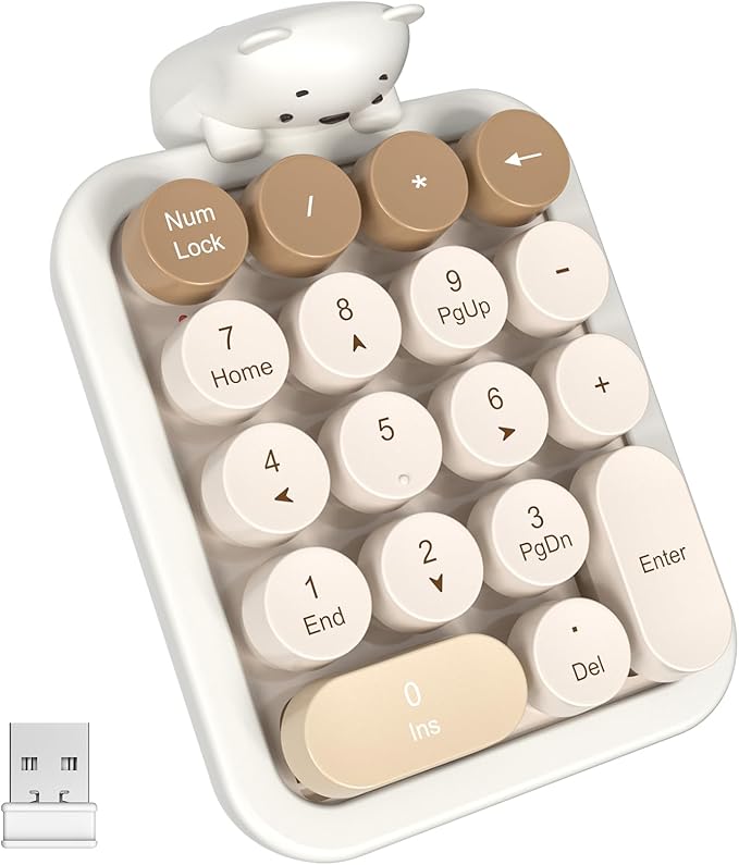 MOFII Wireless Number Pad with Bear - Mixed Milktea Numeric Keypad 18 Keys 2.4G Round Keycap Colorful Extensions Cute Numpad, Portable Accounting Financial Retro Numpad 10 Key for Laptop/PC/Notebook