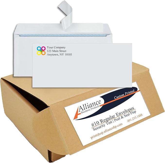 500 Envelopes #10 Custom Printed Regular Self-Seal Security Envelopes, Text and Logo Customization, Size 4 1/8 x 9 1/2 Inches, White, 24lb