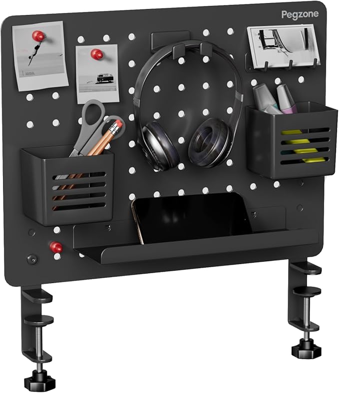 PEGZONE Clamp-on Desk Pegboard, Desk Organizer for Office Gaming Home, Magnetic Metal Peg Board with 10 Accessories, Privacy Panel for Office, 16.5" x 12.6", Medium, Black