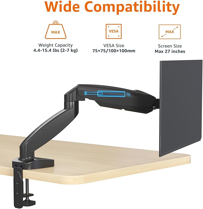 Amazon Basics Gas Spring Single Computer Monitor Arm Mount, Adjustable, Holds up to 27" Monitors, Black
