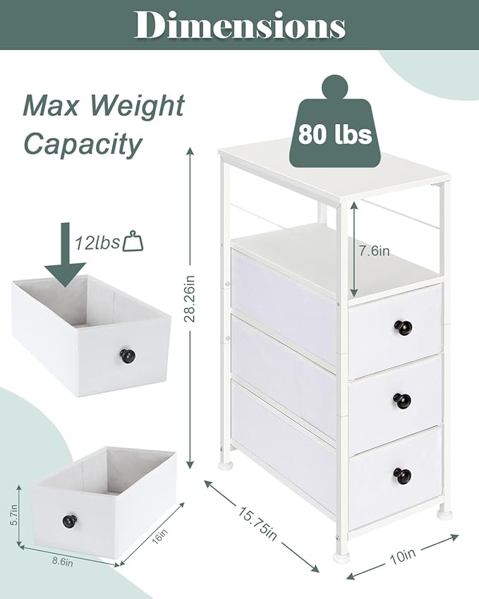 MOOACE Narrow Dresser for Bathroom, Slim Dresser Storage Cabinet, Chest of 3 Fabric Drawers with Wood Shelf, Bedroom Organizer Tower for Small Space, Closet, Laundry, White