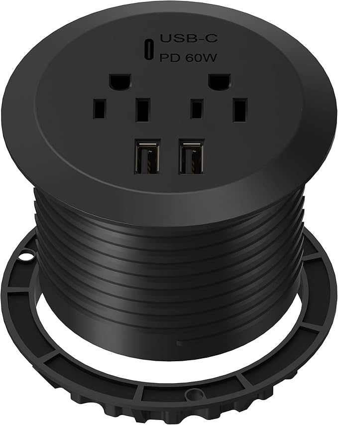 TOPGREENER Desktop Power Grommet with 65W PD Fast Charging USB C, GaN Desk Grommet for MacBook, 2 USB-A Ports and Duplex Receptacles, 3” Diameter Power Grommet, TTRP48APD60-BK, Black