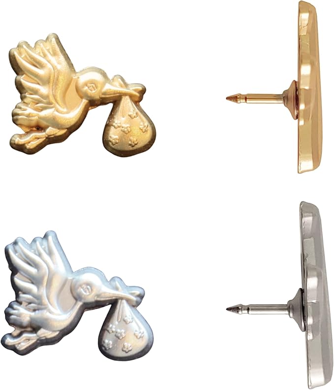Stork Carrying Baby Map Pins - Silver Stork Pins for Cork Boards, Maps, or Lapel Use - Designed in USA - Set of 10