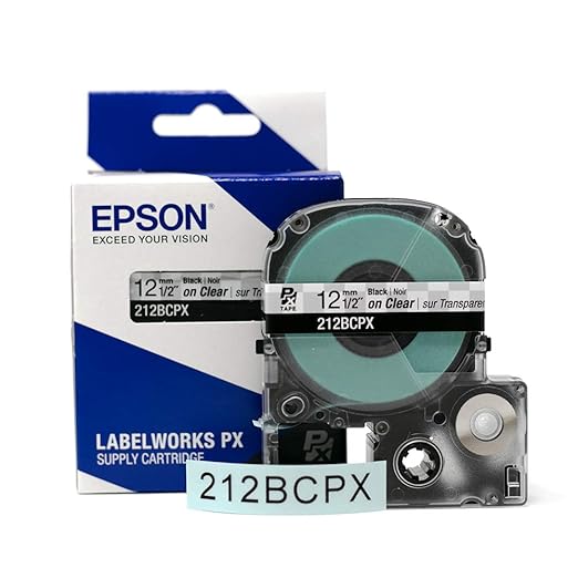 Epson LABELWORKS 212BCPX Genuine PET (Polyester) Tape Cartridge - Black on Clear Standard Industrial Label Maker Tape - 1/2" (12MM) Wide, 30 ft