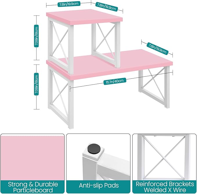 ELITEROO Desktop Shelf, 2 Tier Independent Stackable Desk Stand, Adjustable Freestanding Table Top Mini Bookshelf, Aesthetic Storage Organizers for Women/Girls/Daughter, Pink