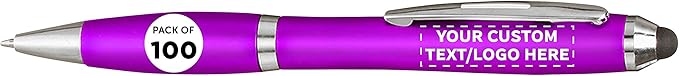 DISCOUNT PROMOS Custom Plastic Stylus Pens Set of 100, Personalized Bulk Pack - Black Ink, Great for Office, School, Business, Tradeshows, Events - Purple