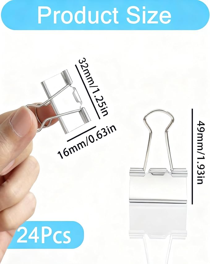 Konilaomu 24Pcs Binder Clips 1.25in Reusable Paper Clamps Clips Binder Paper Clips for Office Supplies, Document Storage, Study Room, School (Silver)
