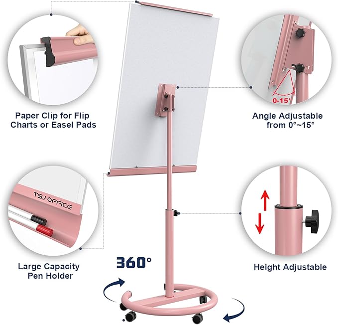 TSJ OFFICE Mobile Whiteboard Magnetic - 40 x 26 Inches Dry Erase Board on Wheel with Stand Flipchart Easel Height Adjustable,Pink