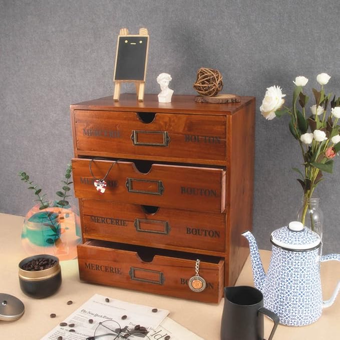 Wooden Storage Box with Drawers Vintage Office Supplies and Accessories Letter Tray Wood Desktop File Organizer 4 Tier Paper Sorter School Supply Holder Rustic Jewelry Box (LARGE BROWN)