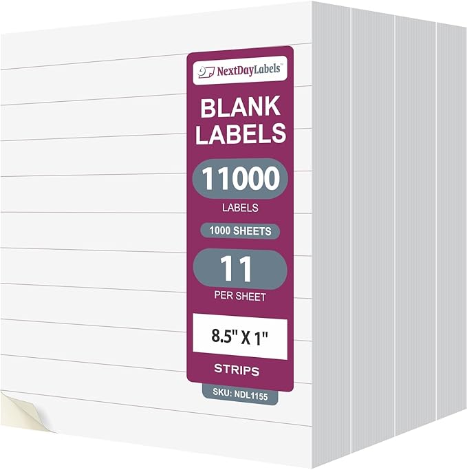 NextDayLabels – 8.5” x 1" Strip Sticker Labels for Printer - White Laser/Inkjet Printer Labels Return Address Labels Shipping Label Stickers (1000 Sheets, 11 Per Sheet, 11000 Labels)