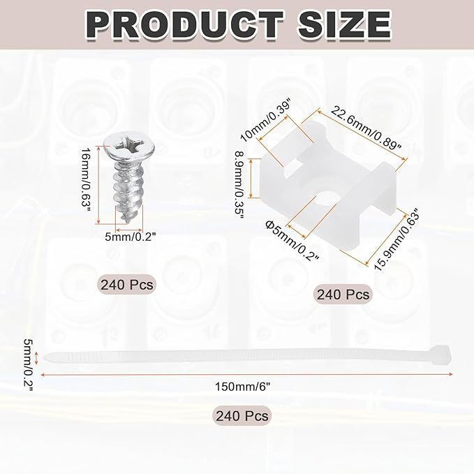 MECCANIXITY 60pcs 0.89" Cable Tie Saddle Type Mounts Base with 6" Cable Zip Ties and M5 Tapping Screws, Wire Organizer Holder Clamps Set, White