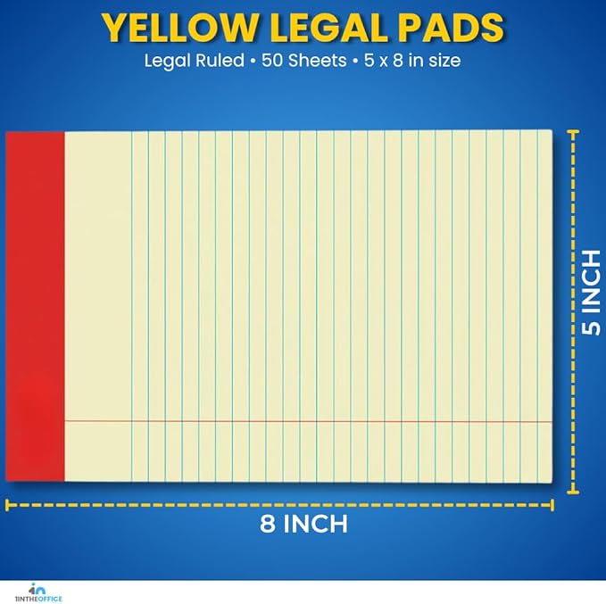 1InTheOffice Yellow Legal Pads 5x8, Notepad Narrow Ruled, Canary, 50 Sheets/Pad, Dozen Pads/Pack