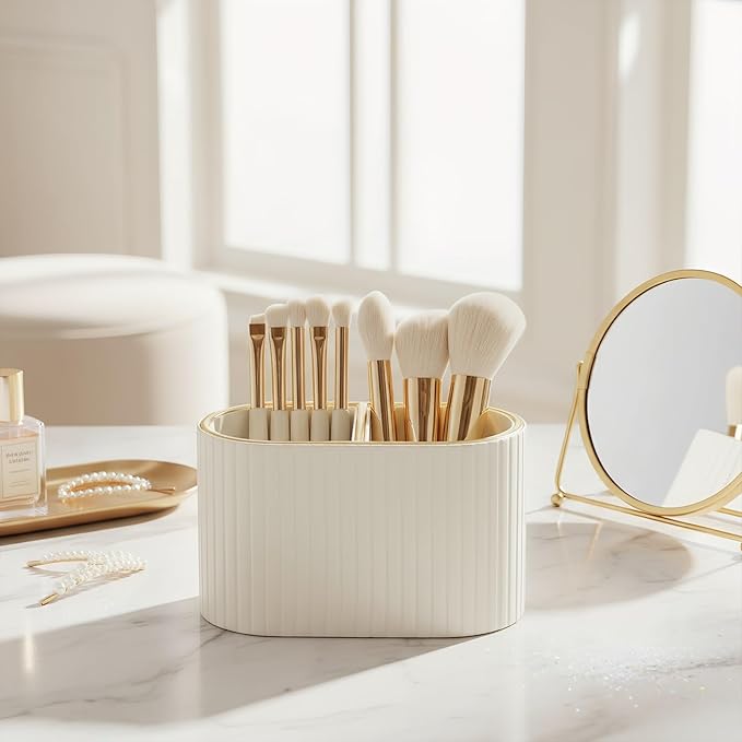 KINGFOM PU Leather Desk Organizer Pen Holder – Dual-Compartment Stylish Pencil Cup Remote Control Holder Desktop Supplies and Accessories Organizer Caddy for Office Home School (Light Beige)