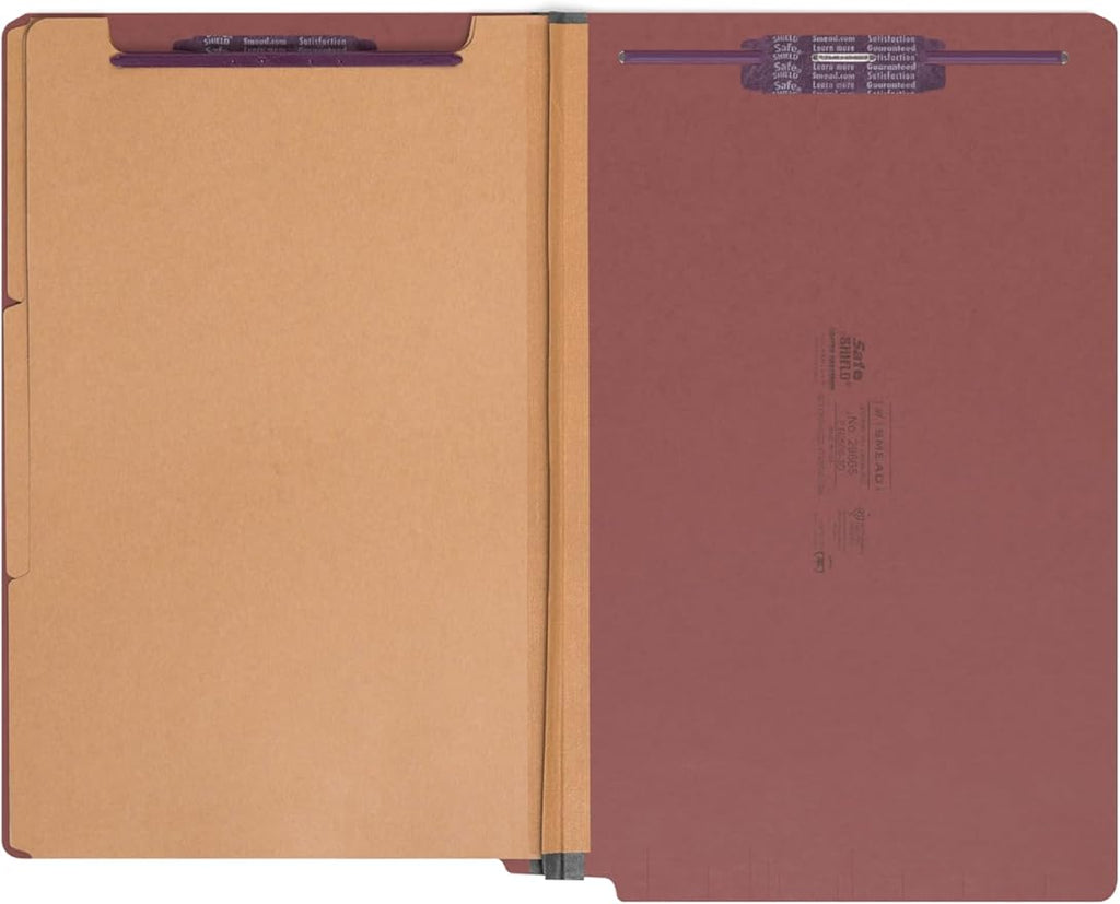 Smead 100% Recycled End Tab Pressboard Classification File Folder with SafeSHIELD Fasteners, 3 Dividers, 3" Expansion, Legal Size, Red, 10 per Box (29865)