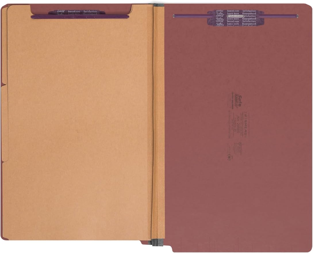 Smead 100% Recycled End Tab Pressboard Classification File Folder with SafeSHIELD Fasteners, 3 Dividers, 3" Expansion, Legal Size, Red, 10 per Box (29865)