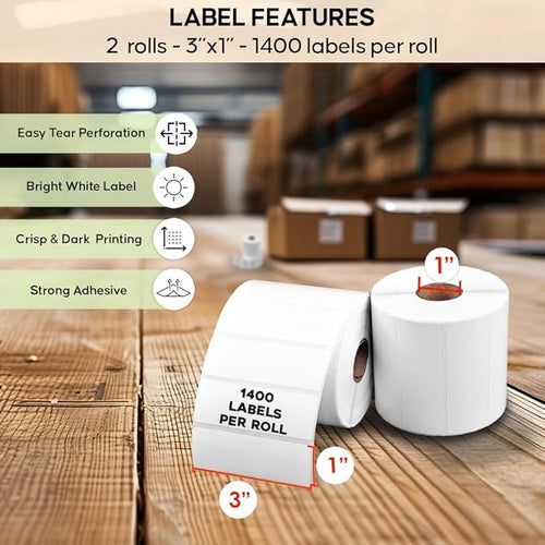 2 Rolls of 3 x 1 Direct Thermal Labels, 1400 Labels per Roll - for Zebra & Arkscan Printers
