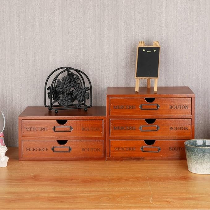 Wooden Storage Box Rustic Desktop Organizer with 2 Drawers Office Desk Accessories Shelf Small Craft Storage Containers Apothecary Cabinet and Chest Jewelry Holder for women(BROWN)