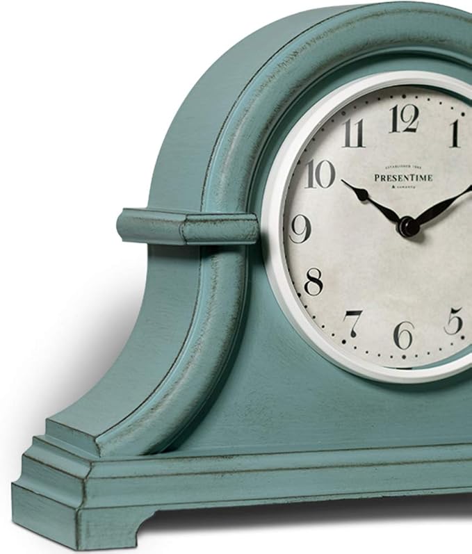 Presentime & Co. Mantel Clock Vintage Farmhouse Series, Napoleon Desk & Shelf Clock, 13 x 10 inch, Domed Lens, Quartz Movement, ABS Plastic Case, Aged Teal Finish (Home/Tabletop Decoration)