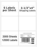 3-1/3" x 4" Shipping Labels,Printable White 6 UP Label for Laser/Inkjet Printers,Self Adhesive 3 1/3 x 4 Matte Mailing Label Stickers(2000 Sheets, 12000 Labels)