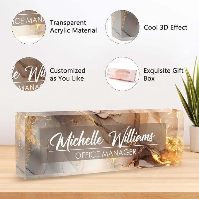 Desk Name Plate Personalized Name Plate for Desk, Office Desk Decor, 3D Style Personalized Plaque Name Plates for Desks Custom Appreciation Gifts for Boss Lady Employee Coworkers (Golden Rock)