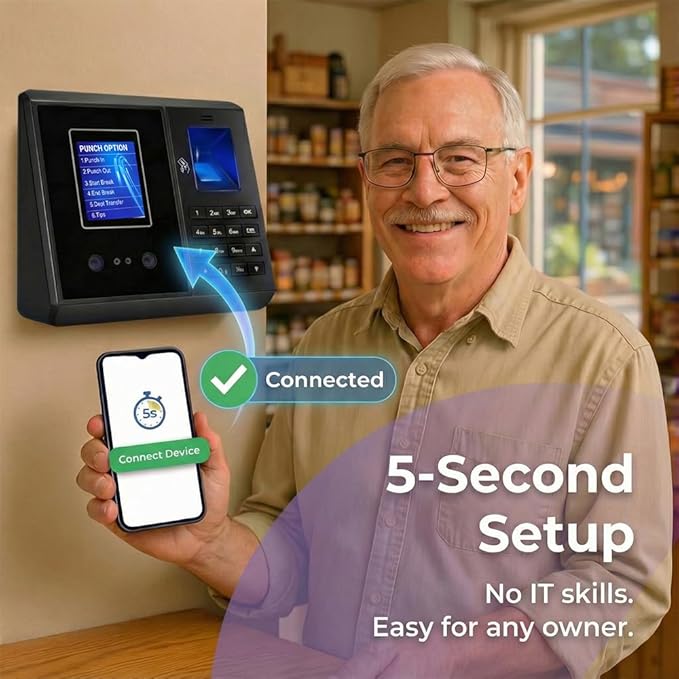 5s Setup Time Clock – App-Based, Multi-Punch Daily, Auto Break, Lunch & Overtime Rules, Local Data Storage, No Monthly Fees, 10 IC Cards, Time Clocks for Employees Small Business