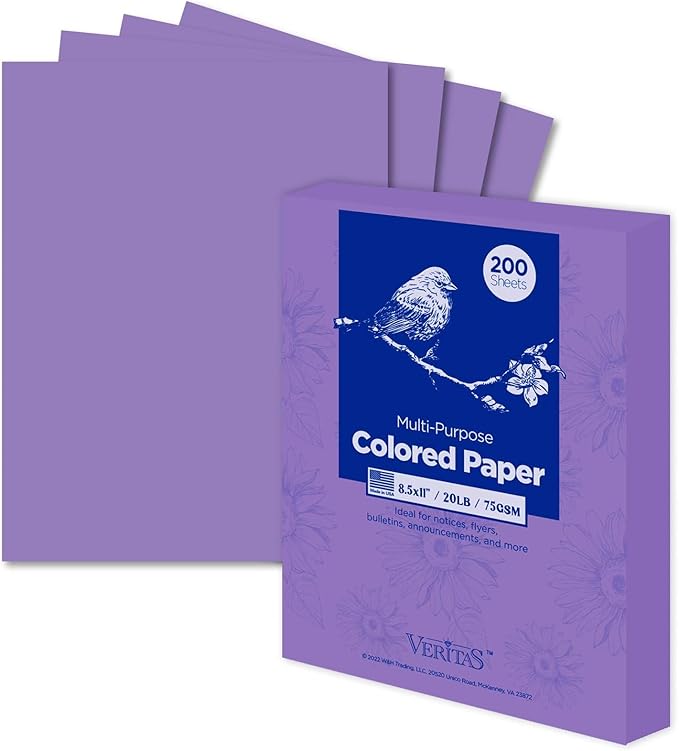 WritePads Veritas Colored Copy Paper, Purple Paper,Colored Printer Paper 8.5” x 11” Letter Size, 20 lb / 75 GSM, Purple, 200 Sheets, For Copy, Printer, Multi-Purpose, Made in USA