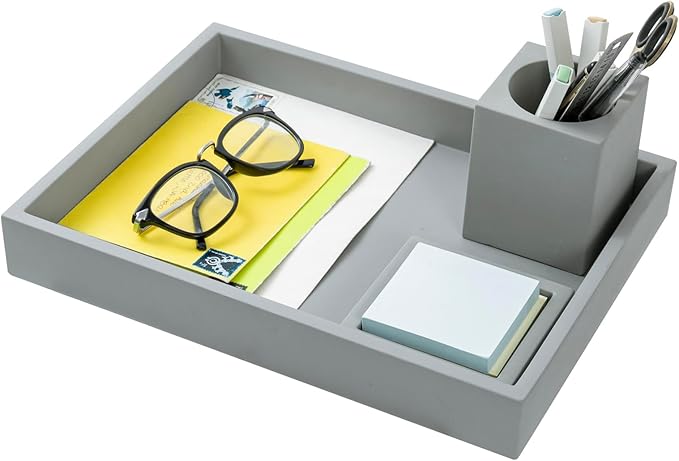 MyGift 3 pcs Set Modern Gray Concrete Desk Organizer Trays, Desktop Office Paper Tray, Stationery Holder Pencil Cup, Sticky Note Pad Holder