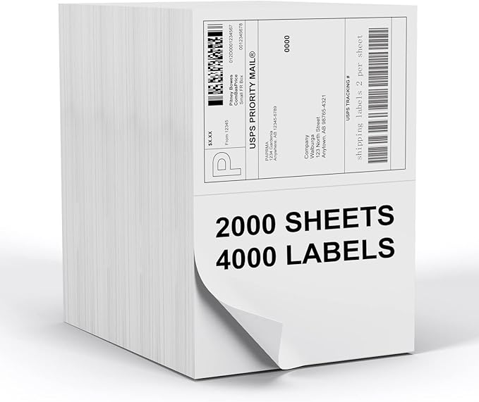 PAPRMA Half Sheet 8.5x5.5inch Shipping Mailing Label 4000 Counts, 2 Labels Per Sheet 8.5 x 11 for Laser & Inkjet Printer, Permanent Adhesive Label Square Corner (2000 Sheets)