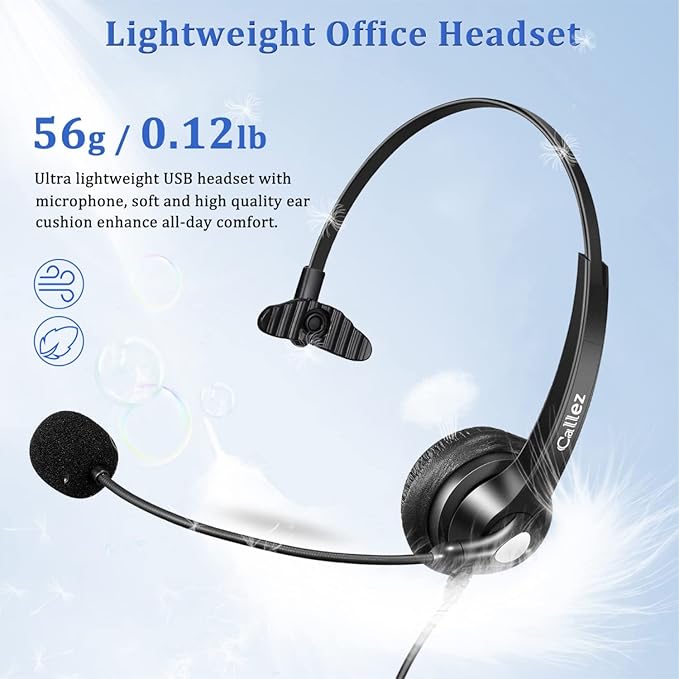 Callez USB Headset with Noise Cancelling Mic & Mute Controls, Mono Computer Headphones for Laptop PC Skype Zoom Webinar Business Call Center Home Office, Clear Chat, Super Lightweight (C500U3)