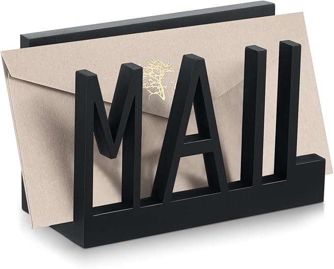 Mail Organizer Holder Organizer Countertop Modern Wooden Black Letter Holder with Cutout Lettering Design Outgoing Mail Holders for Office Desktop Envelope and Document Storage Rack