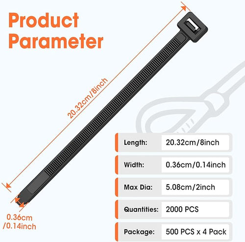 2000 PCS Zip Ties 8 Inch, Cable Ties 40lbs Tensile Strength, Black Zip Ties for Indoor and Outdoor Use, UV Resistant Wire Ties