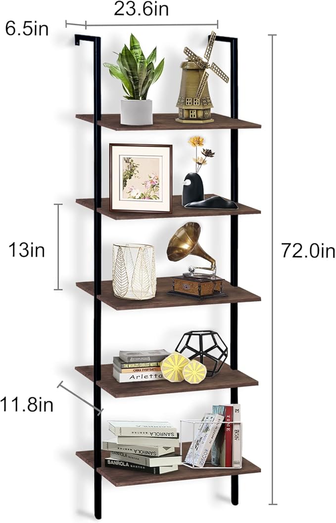 aboxoo Ladder Shelf Open Bookshelf 5-tier Wood Wall-mounted Bookcase Storage Rack Open Back Industrial Modern Plant Flower Stand Utility Organizer Bookcase Metal Frame Furniture Office Kitchen Bedroom