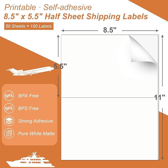 PAPRMA Half Sheet 8.5x5.5inch Shipping Mailing Label 100 Counts, 2 Labels Per Sheet 8.5 x 11 for Laser & Inkjet Printer, Permanent Adhesive Label Square Corner (50 Sheets)