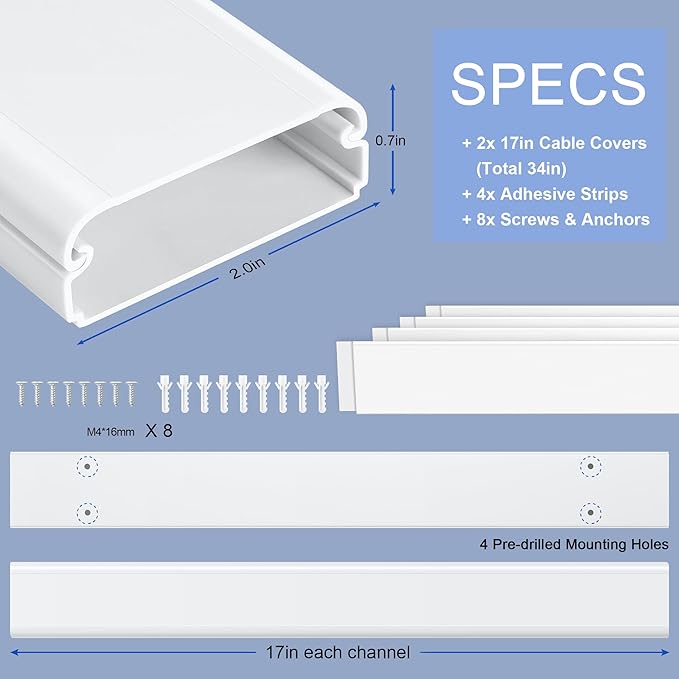 ZhiYo 34in TV Cord Hider for Wall Mounted TV, Large Cord Cover Wall, PVC Cable Management Raceway Kit, Wire Hider for Wall, White Wire Concealer 2 xL17in, W2in xH0.7in