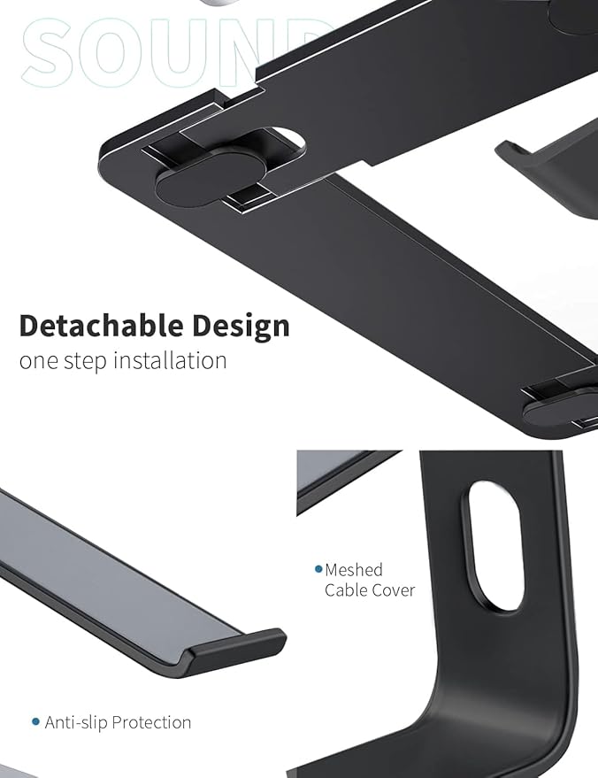 SOUNDANCE Laptop Stand, Aluminum Computer Riser, Ergonomic Laptops Elevator for Desk, Metal Holder Compatible with 10 to 15.6 Inches Notebook Computer, Black