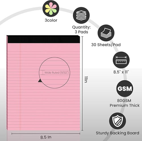 3pcs Legal Pads 8.5 x 11,Notepads 8.5 x 11 Inch, 30 Sheets/Pack, Colored Note Pads Clear Print Writing Pads of Paper, Perforate Wide Ruled Lined with Sturdy Back for Office, Business & School Supplies
