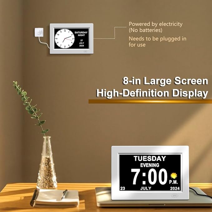 CAZOKASI 8inch Extra Large Impaired Vision Digital Alarm Clock with Day and Time for Elderly Calendar Clock Auto Dimmable Clock