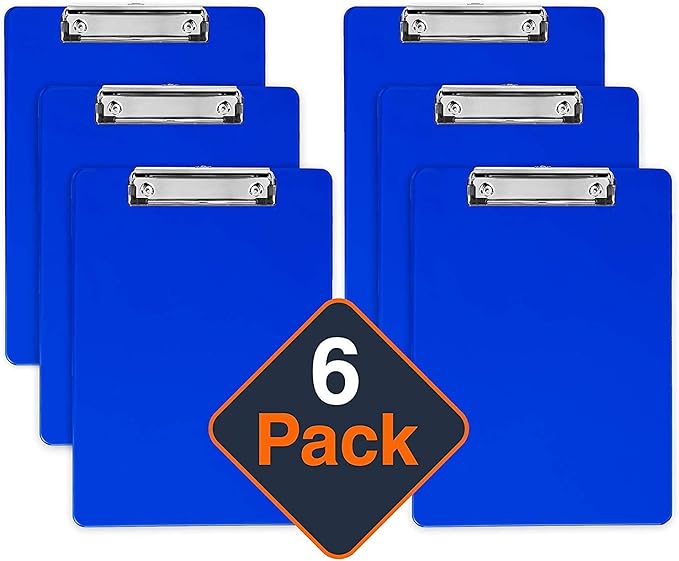 Blue Plastic Clipboard with Low Profile Clip (Pack of 6) - Letter Size Clip Board Blue with Flat Clip, A4 Size Acrylic Clipboard for Boys and Girls | Cute Aesthetic College & Back to School Supplies