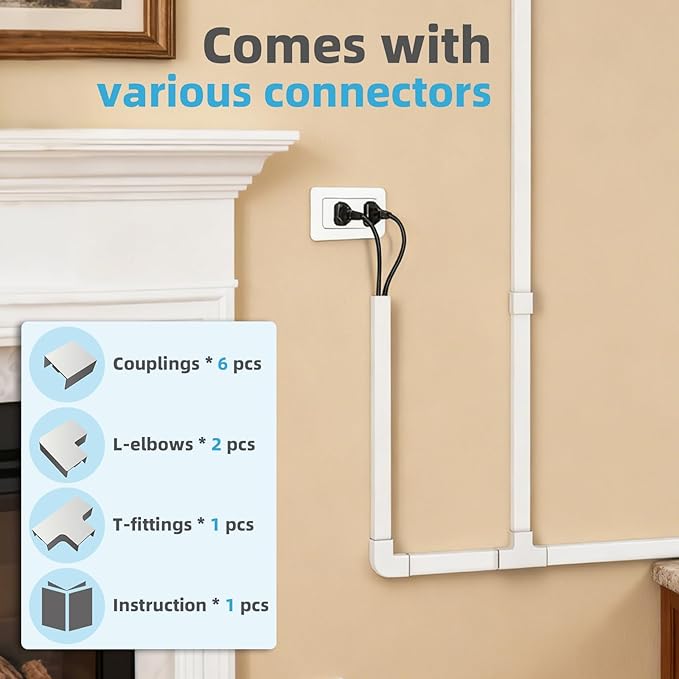 Art3d Cord Hider, 120in Cord Cover, Large Cable Hider, Wire Covers for 4 Cords, Cable Raceway Wire Hider, Wall Mount TV Cords Management, 8X W0.94 H0.54in, White