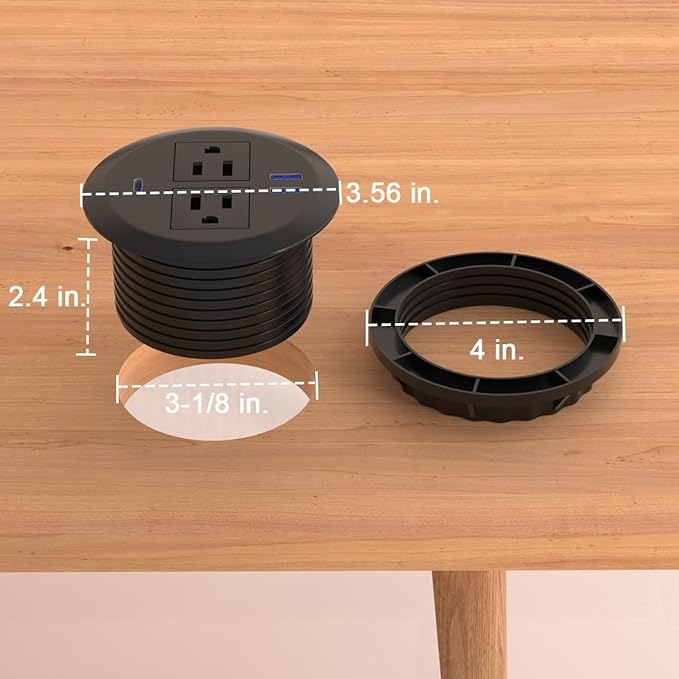 Desktop Power Grommet - Set of 2,3-inch,20W USB C Fast Charging,Fits 3-1/8" Holes.Round Recessed Power Strip Flush Mount Desk Grommet Outlet,2-AC Outlet,3-USB Port,5 ft Cord,Black