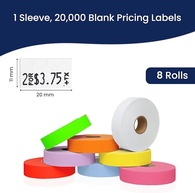 Monarch 1131 Multicolored Sleeve—8 Rolls, 1 Sleeve, 20,000 Labels for Monarch 1131 Price and Date Guns—Includes White, Yellow, Blue, Lavender & Fluorescent Colors (Red Green Pink Orange)—Made in USA