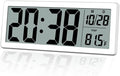 8.5" Modern Digital Wall Clock, Battery Operated, White, Simple LCD Display with Temperature/Date/Time - 12/24H, Small Digital Clock for Bedroom, Living Room Decor